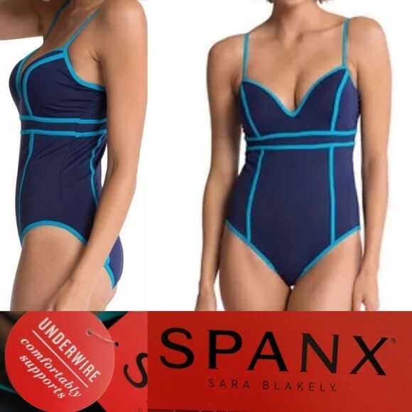 $140 NEW SPANX 8 SHAPING UNDERWIRE ONE PIECE BLUE TURQUOISE  SWIMSUIT NWT - Picture 1 of 10